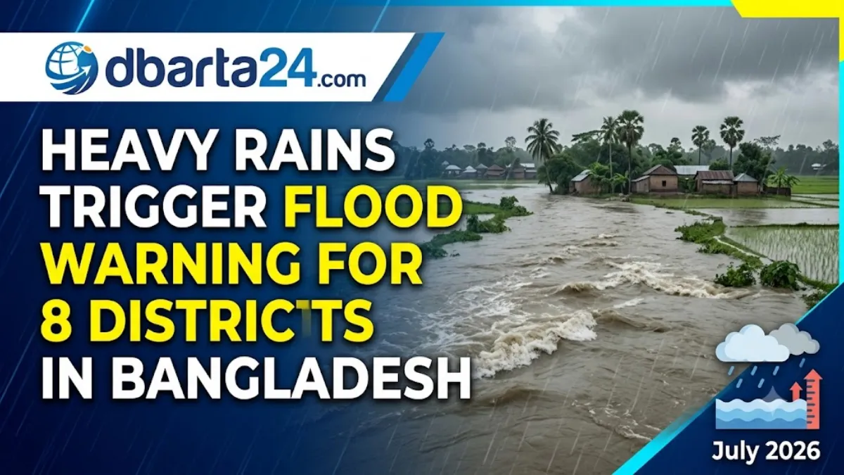 Swollen river flowing near low-lying villages in Bangladesh amid torrential rainfall warnings.
