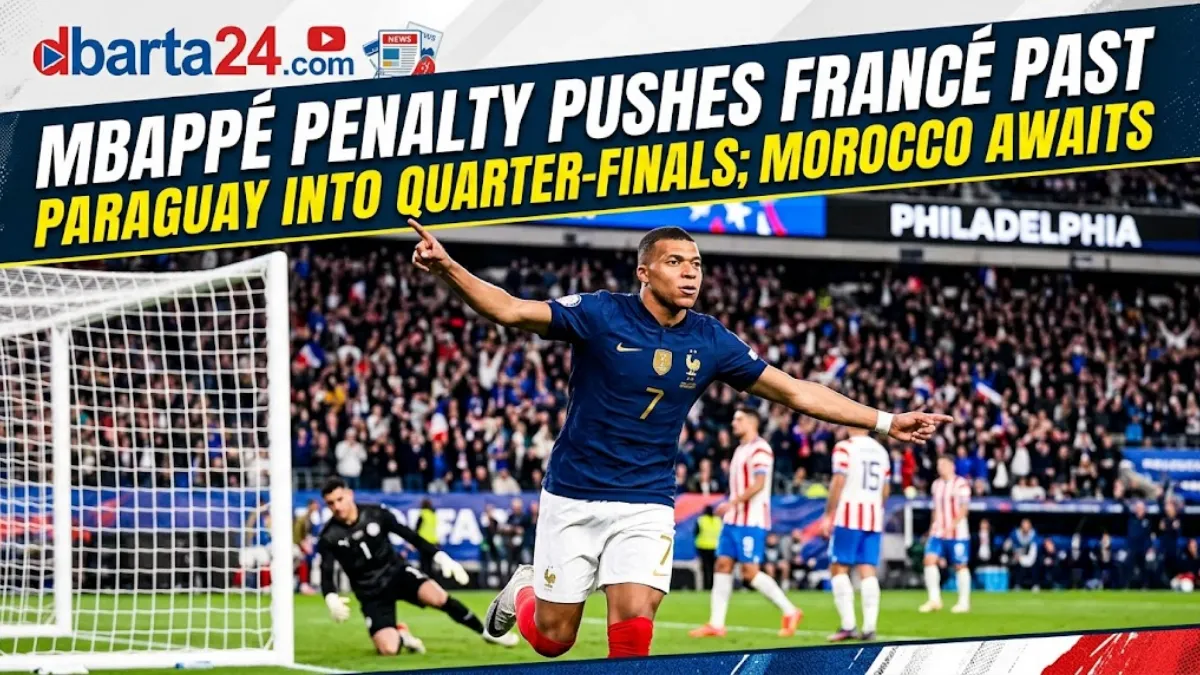Kylian Mbappé celebrating after scoring the winning penalty goal for France against Paraguay in the 2026 World Cup round of 16.