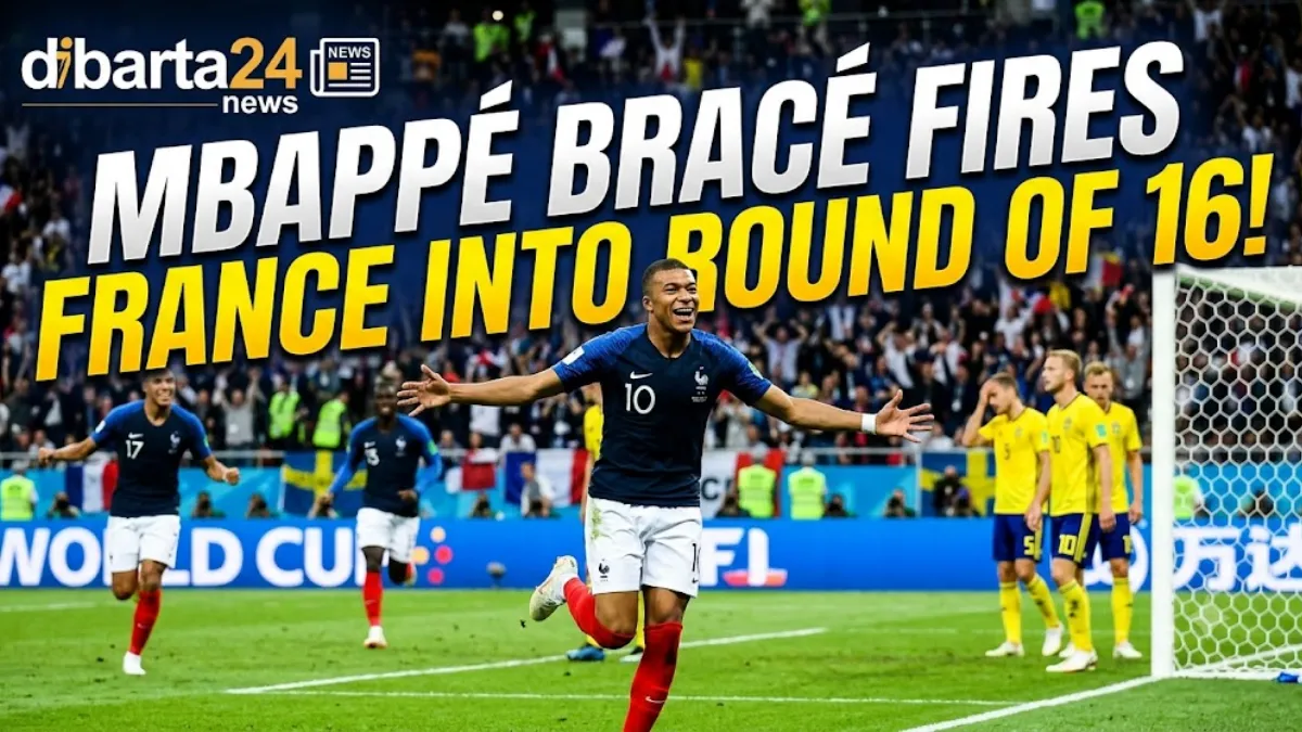 Kylian Mbappe celebrating after scoring a goal for France against Sweden in the World Cup knockout match.