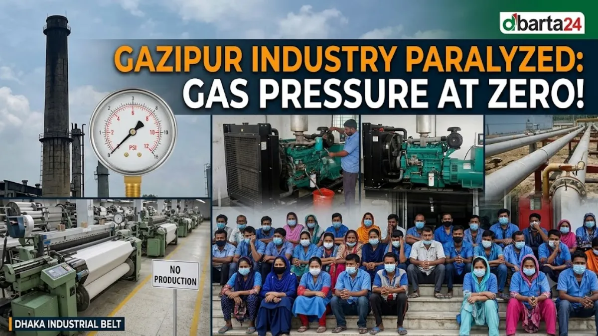 An idle garment factory floor in Gazipur with textile machinery shut down due to severe industrial gas shortages.