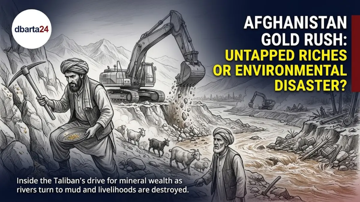 Excavators and workers extracting gold from a polluted riverbed in Badakhshan, Afghanistan