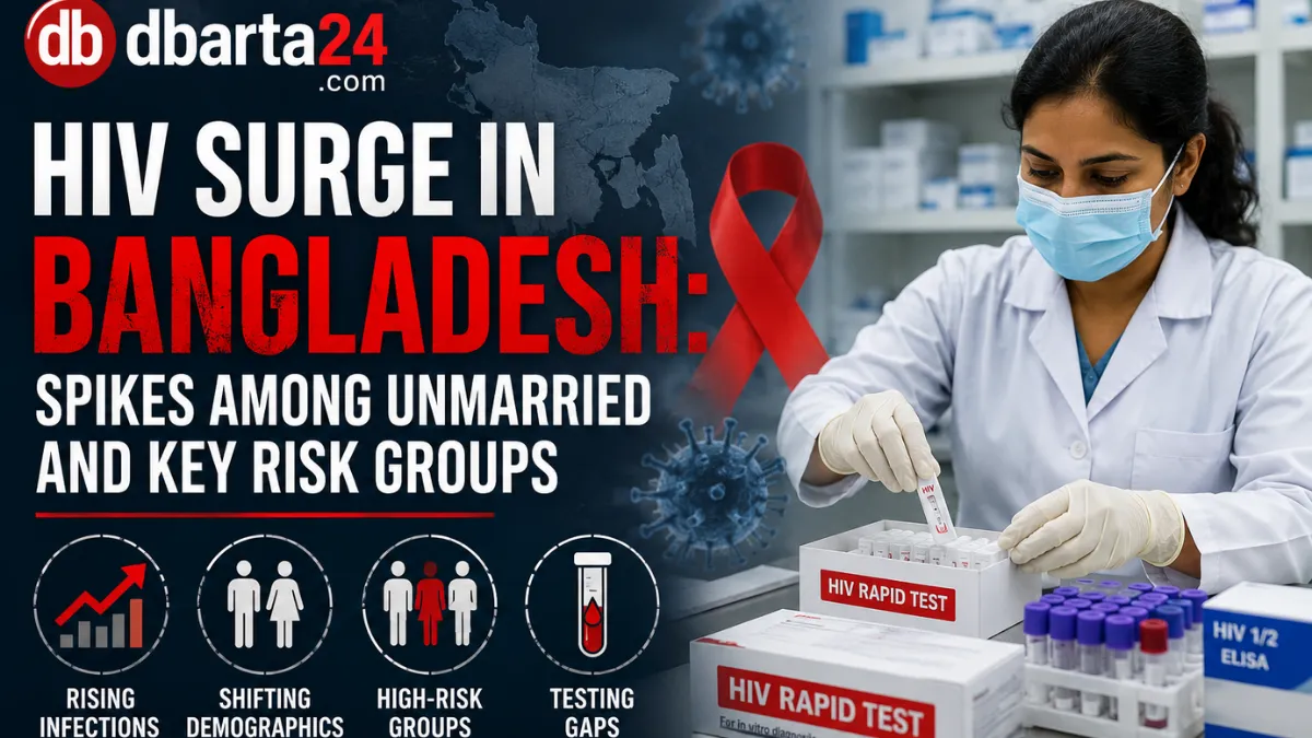 A clinician organizing HIV diagnostic materials in a medical laboratory, highlighting the push for increased testing and treatment access in Bangladesh.