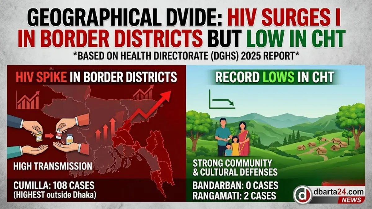 A map highlight of Bangladesh's border regions and the Chittagong Hill Tracts, illustrating the contrasting geographical spread of HIV infections.