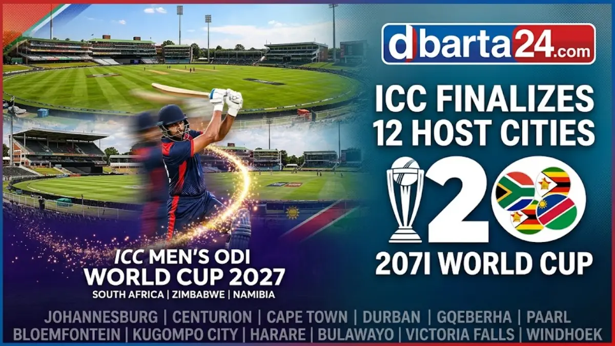 ICC ODI Cricket World Cup Trophy on display ahead of the multi-nation tournament in South Africa, Zimbabwe, and Namibia. Headline: 