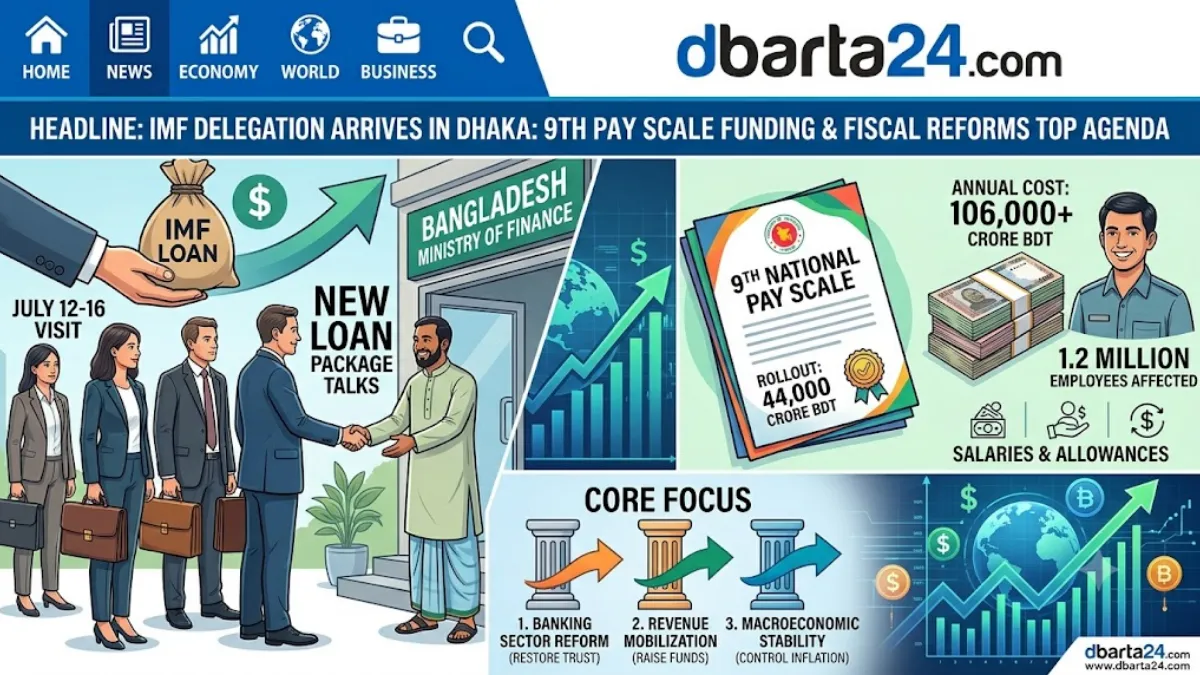 The International Monetary Fund (IMF) official logo displayed alongside the Bangladesh Ministry of Finance building in Dhaka, representing upcoming economic policy talks.