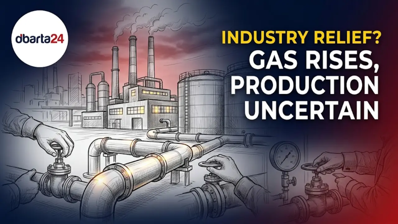 Industrial factory workers operating machinery under limited capacity due to ongoing gas supply constraints in Bangladesh.