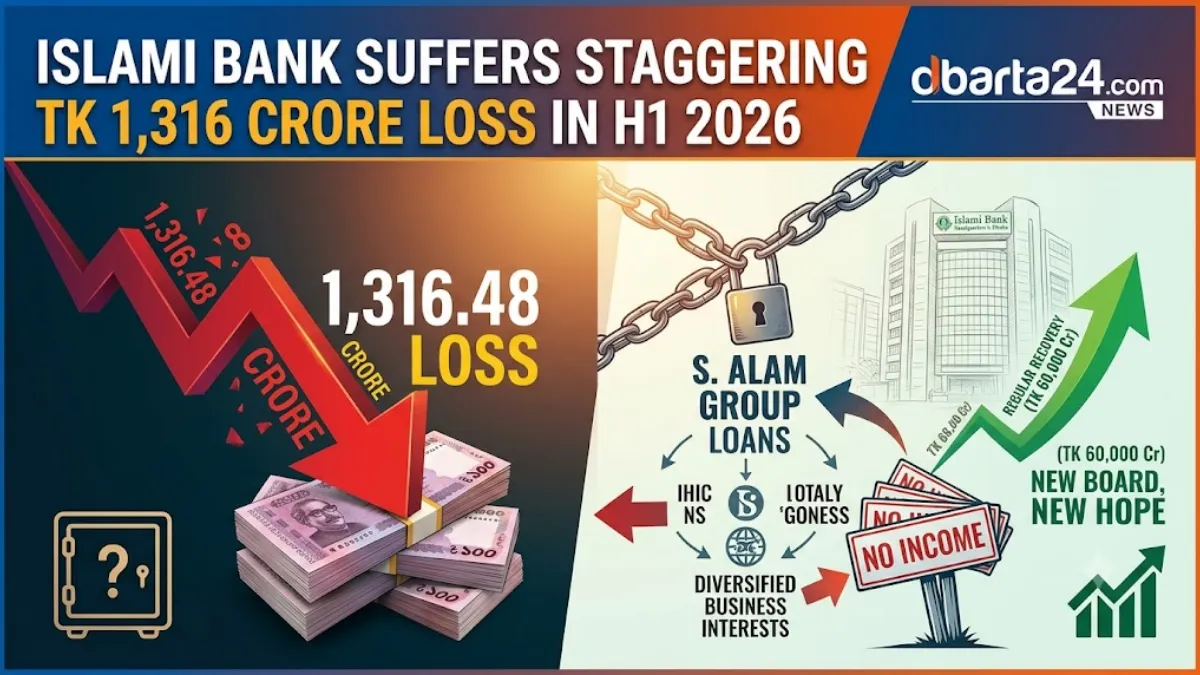 A financial chart showing a steep downward trend illustrating the net loss of Islami Bank in 2026 compared to its profitable years.