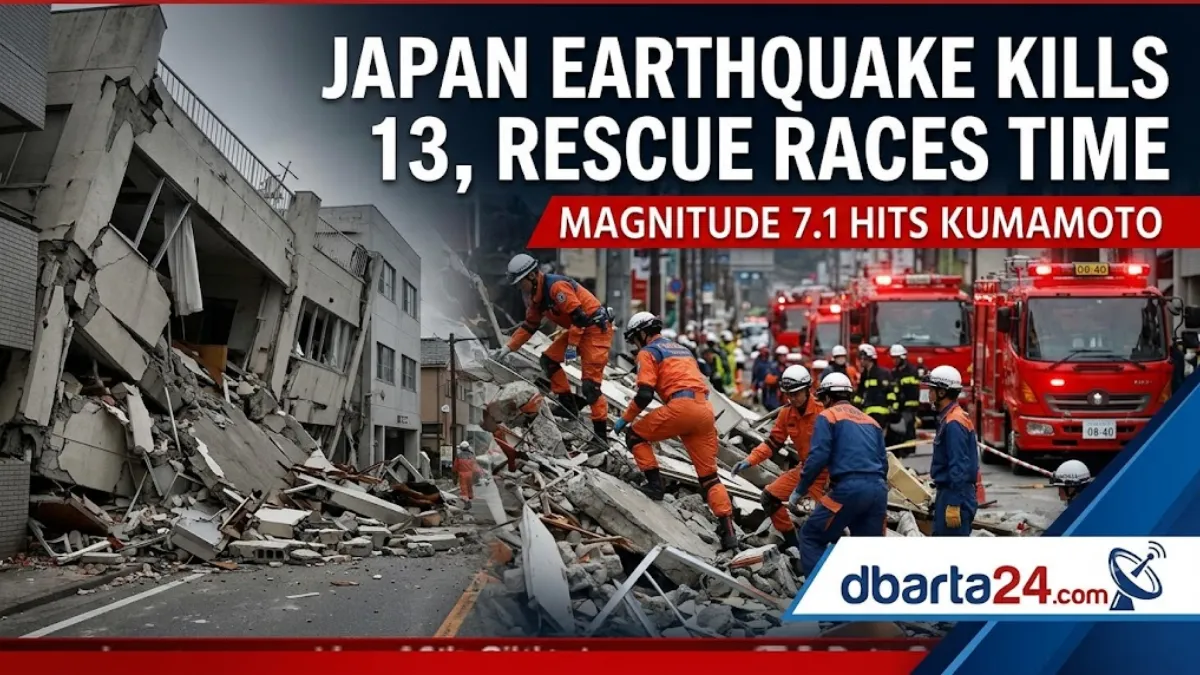 Debris and rescue operations in Kumamoto following a 7.1 magnitude earthquake in southwestern Japan.