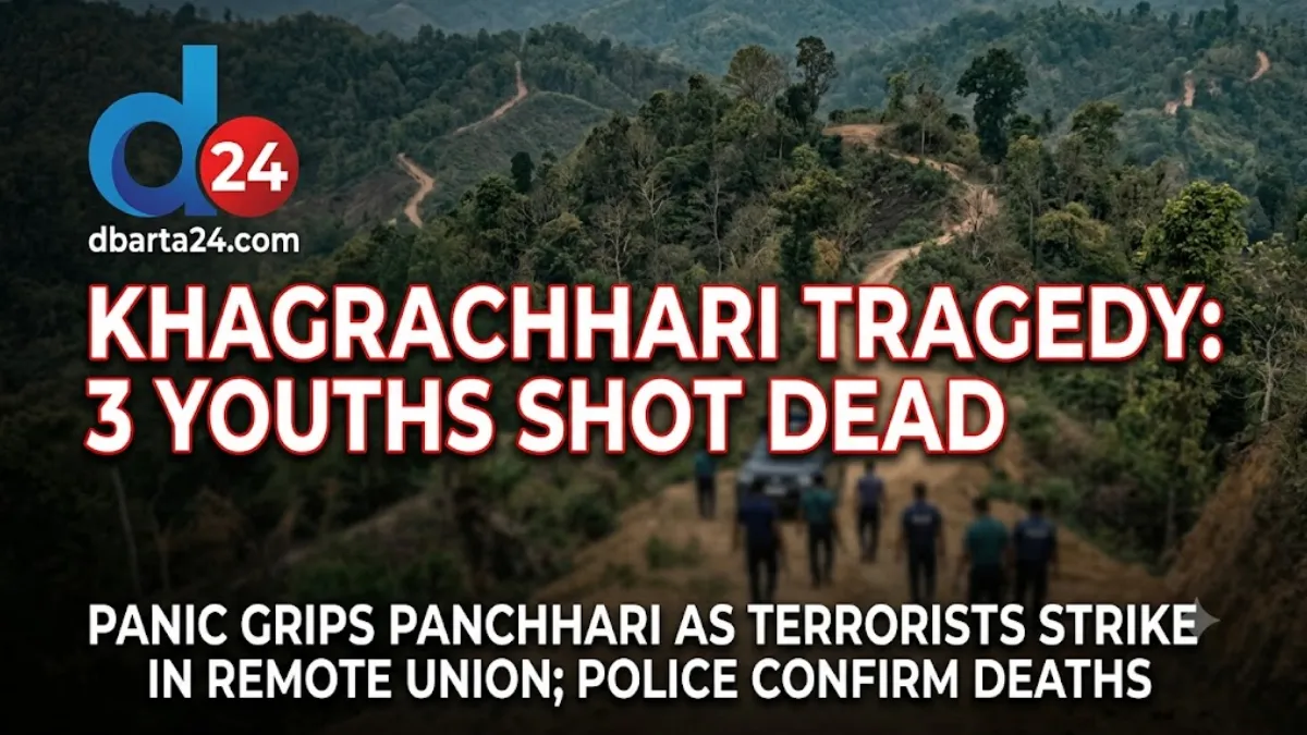 Police vehicles and security personnel deployed in a remote hilly area of Khagrachhari following a security incident.