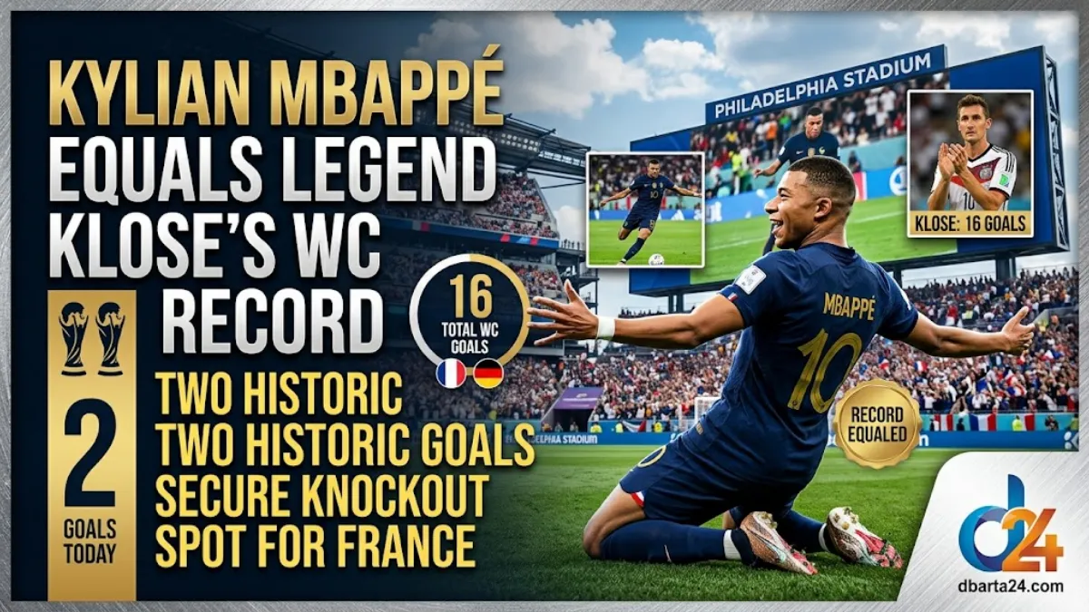 Kylian Mbappe celebrating his historic double for France against Iraq at the 2026 World Cup in Philadelphia.