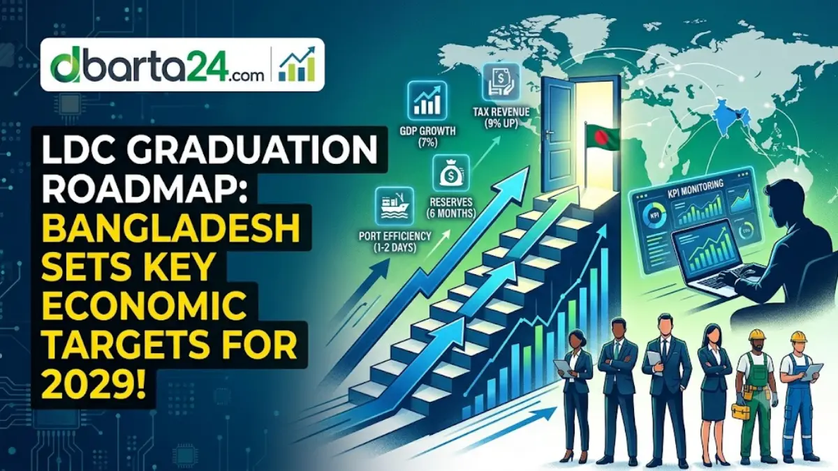 Bangladesh LDC graduation roadmap timeline chart showing 4 reform phases and 14 economic KPIs for macroeconomic stability.