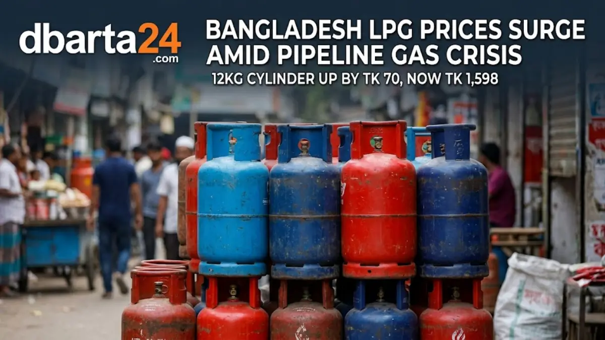 LPG gas cylinders stacked together for household distribution in Bangladesh.