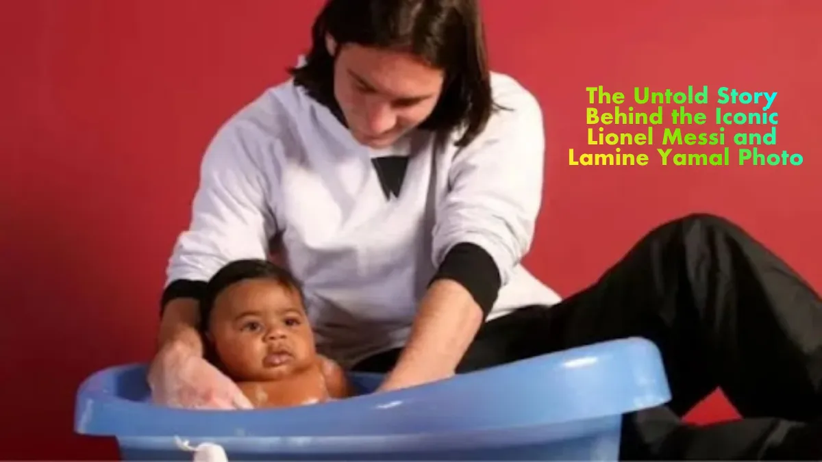 A young Lionel Messi smiling next to baby Lamine Yamal in a plastic tub during a 2007 UNICEF photoshoot at Camp Nou.