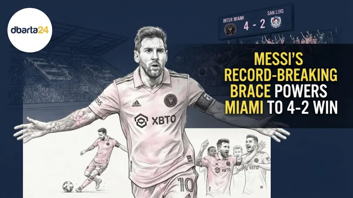 Lionel Messi celebrating a goal for Inter Miami during their Leagues Cup match against San Luis.