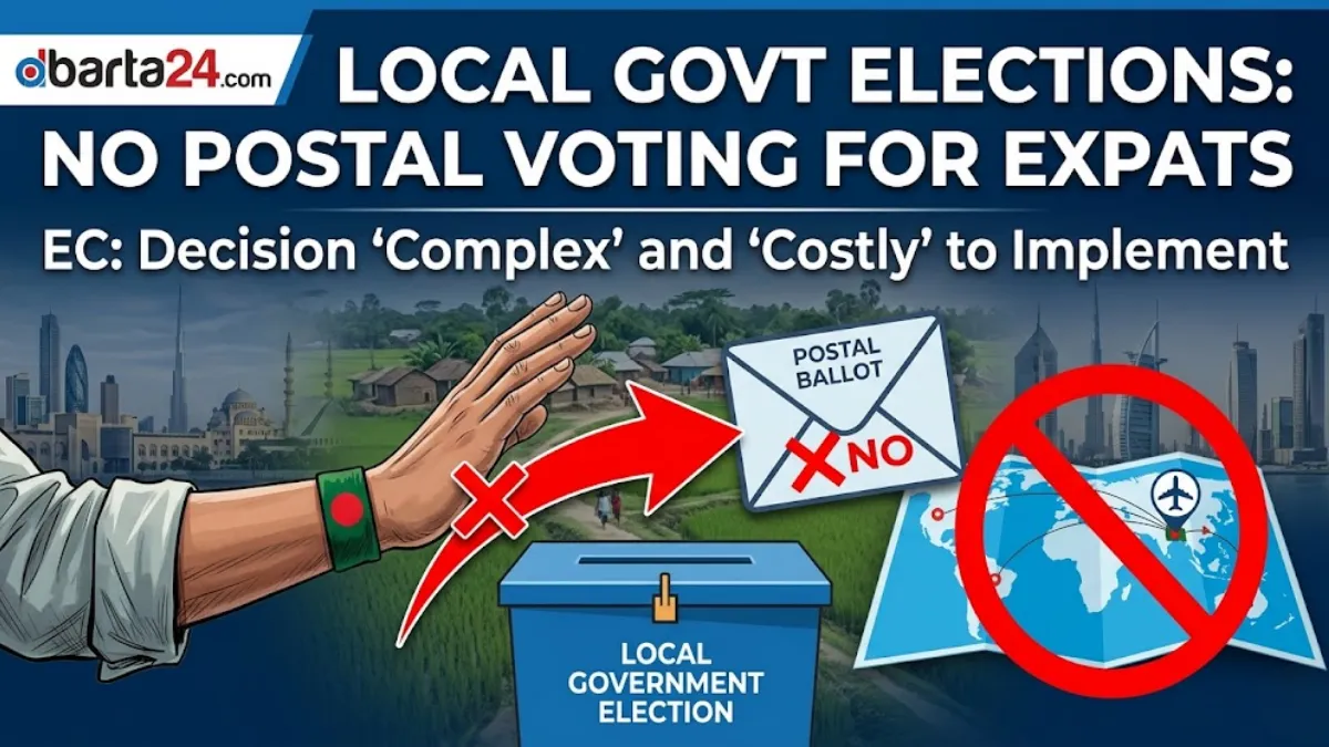 A postal ballot box and a Bangladeshi passport representing the restriction on expatriate postal voting in local government elections.