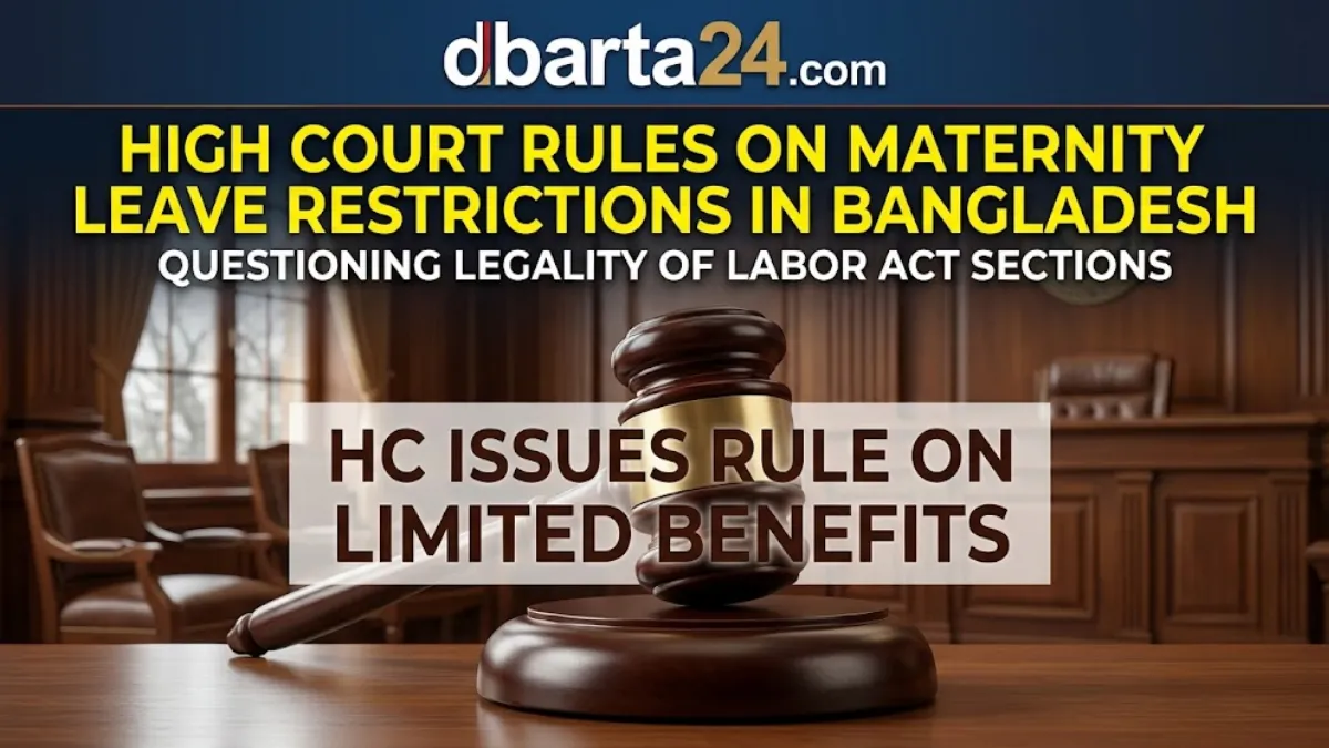 A high-end professional digital thumbnail featuring a courtroom gavel overlayed with text discussing the High Court's rule on maternity leave restrictions in Bangladesh