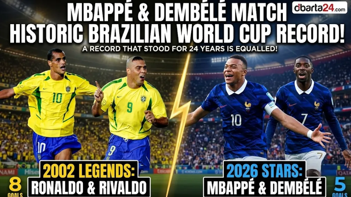 Kylian Mbappé and Ousmane Dembélé celebrate during a match at the 2026 World Cup.