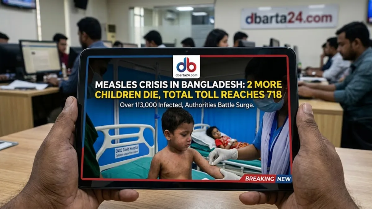 Children suffering from measles symptoms receive treatment at the DNCC Dedicated Hospital in Dhaka.