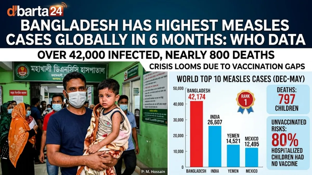 A father holding his young child suffering from measles at a hospital in Dhaka, Bangladesh.