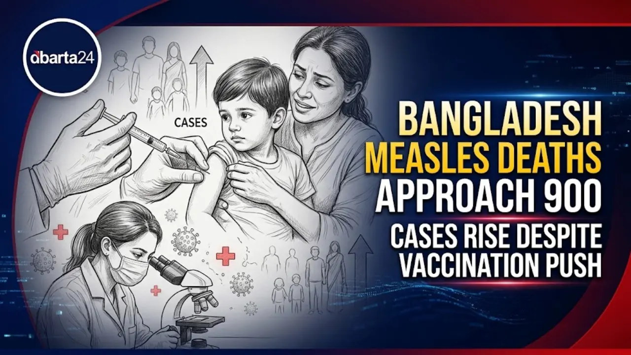 Health worker administering a measles vaccine to a child during Bangladesh's national immunization campaign.