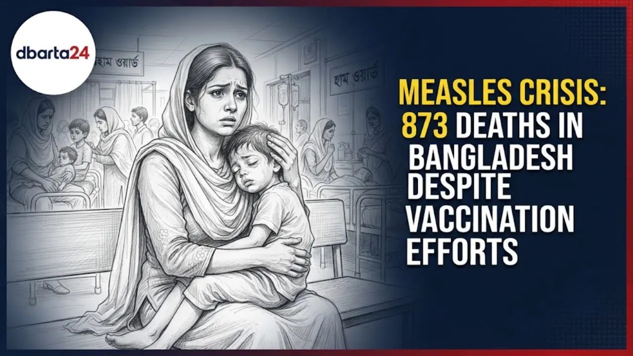 A concerned parent holding a sick child at a crowded hospital during the ongoing measles outbreak in Bangladesh.