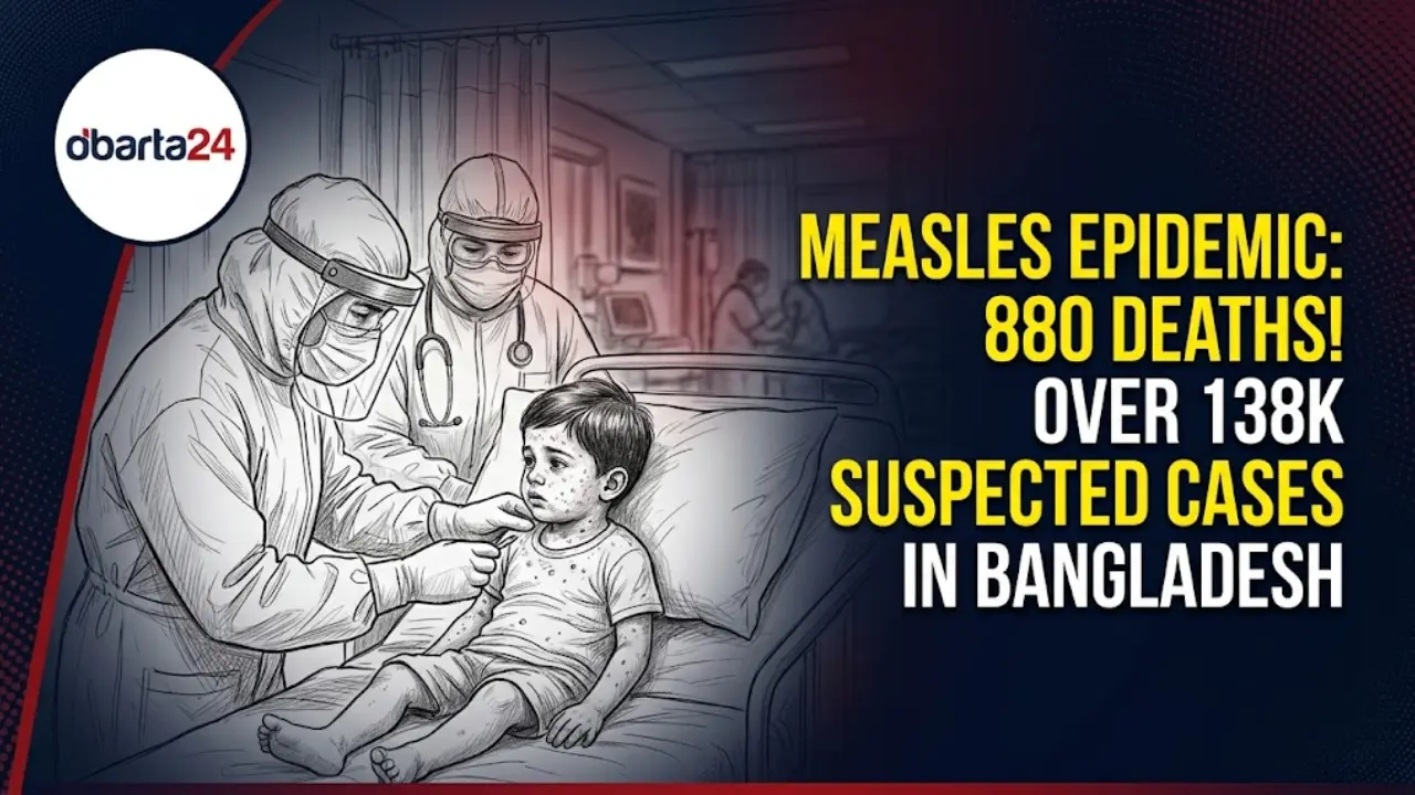 Medical professionals providing care to a patient exhibiting measles symptoms in a health center in Bangladesh
