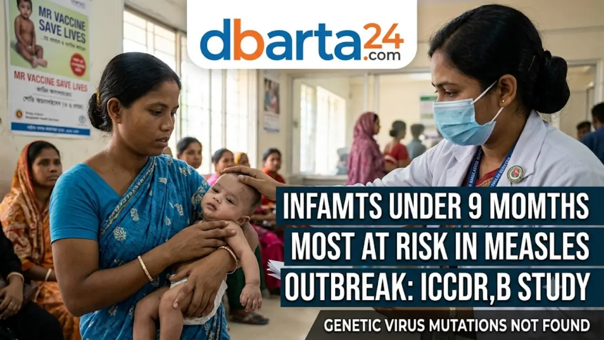 An infant receiving healthcare support in Bangladesh during the measles outbreak study.