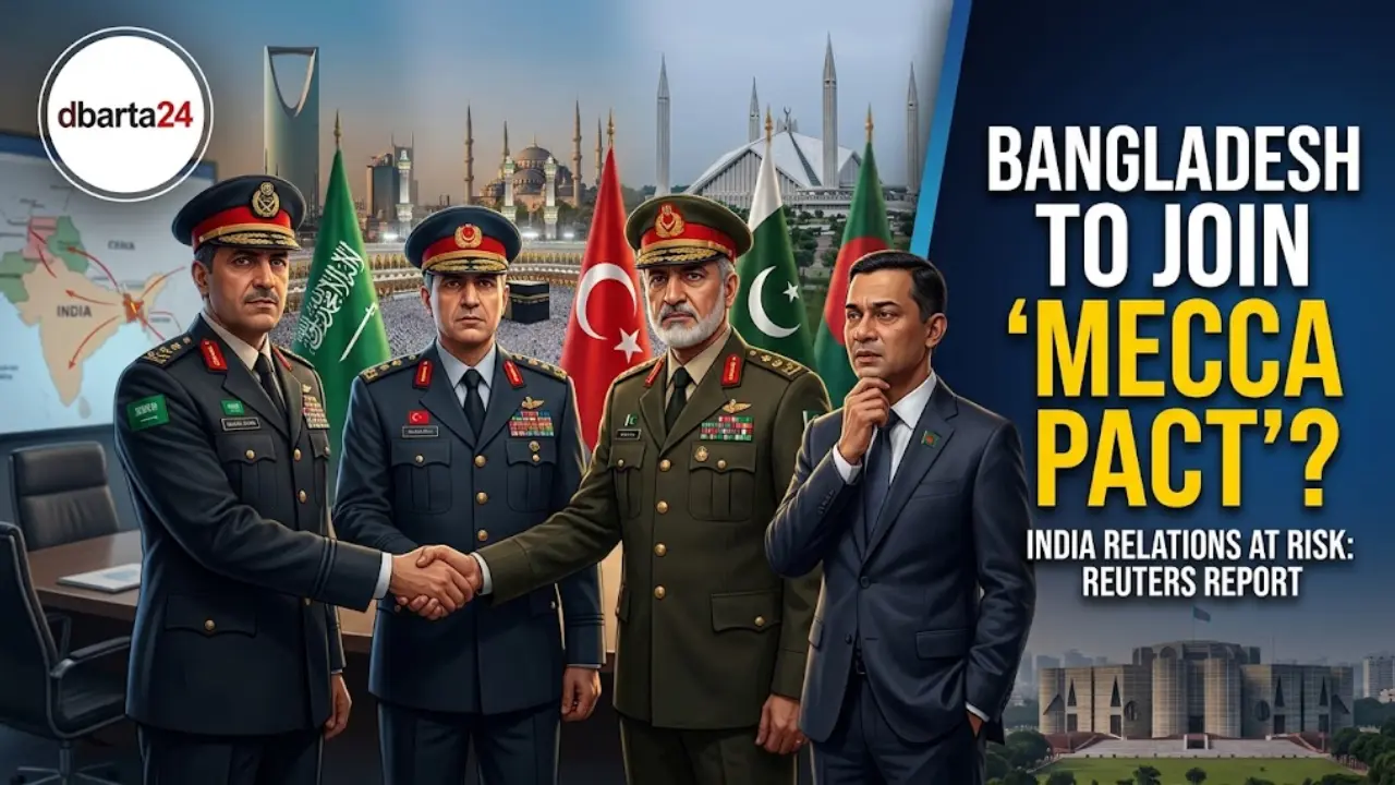 Map illustrating Bangladesh's geopolitical position alongside flags of Saudi Arabia, Turkey, Pakistan, and India representing the proposed Mecca Pact defense alliance.