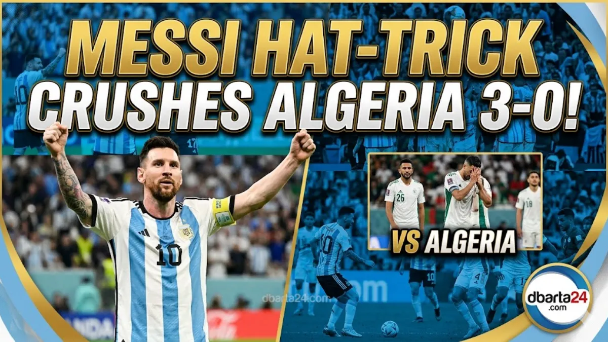 Lionel Messi celebrates his historic first World Cup hat-trick during Argentina vs Algeria 2026 World Cup match at Children's Mercy Park.