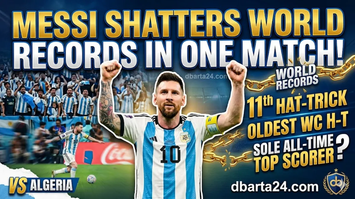 Argentina's captain Lionel Messi celebrates his historic 11th international hat-trick against Algeria at the Kansas City Stadium.