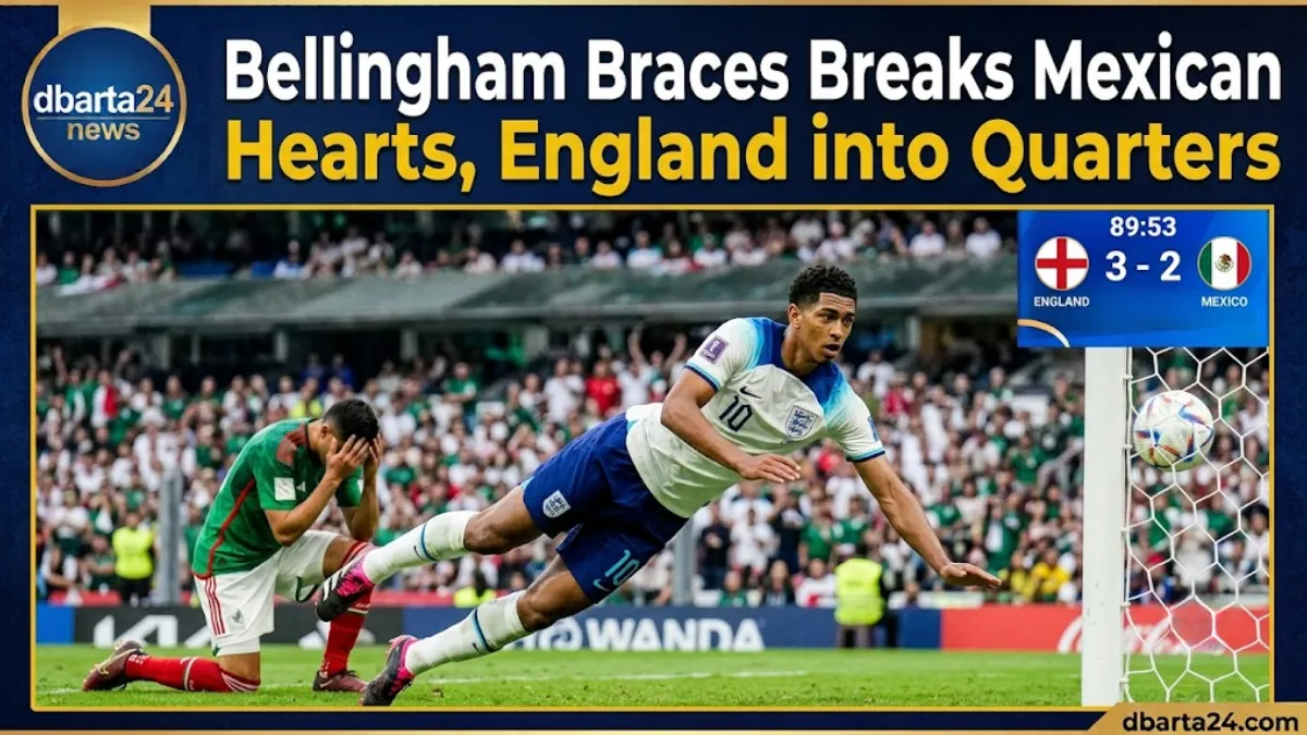 Jude Bellingham celebrates scoring a diving header for England against Mexico at the Azteca Stadium