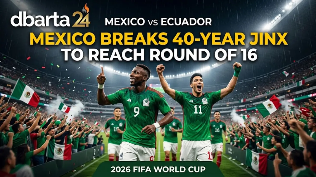 Mexican forward Raul Jimenez celebrating his goal against Ecuador during the 2026 FIFA World Cup Round of 32 match at the Estadio Azteca.