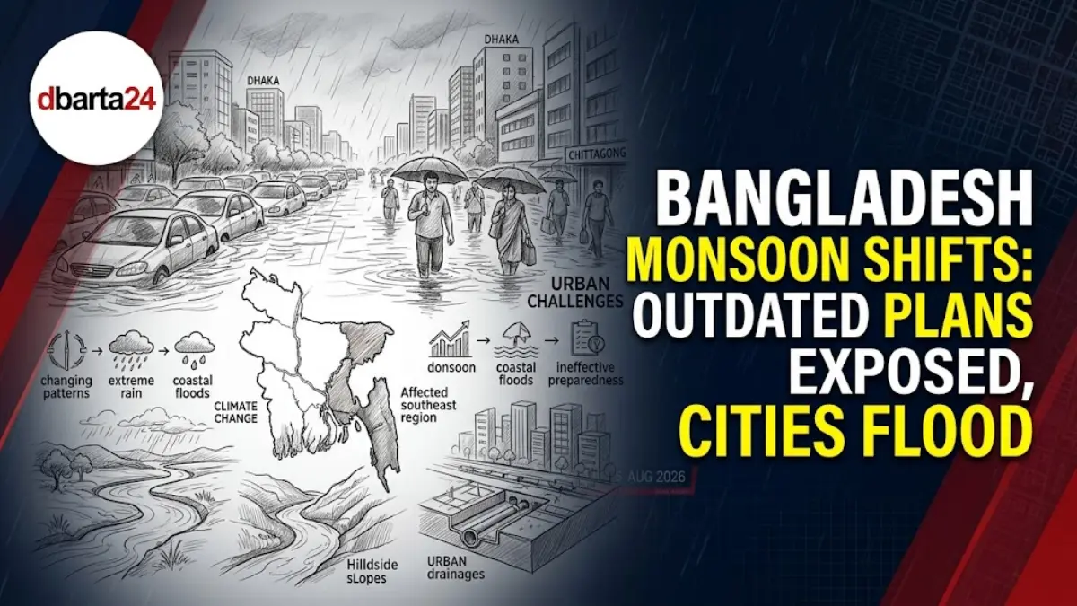 Torrential monsoon rainfall causing severe urban waterlogging and flooding in Bangladesh.
