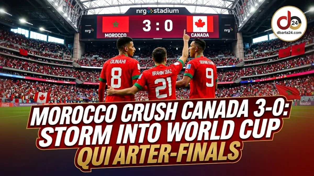 Morocco players Achraf Hakimi and Brahim Diaz celebrate after defeating Canada 3-0 to qualify for the World Cup quarter-finals.