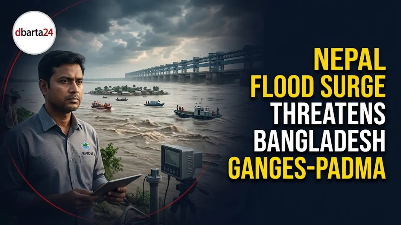 Overview of the Ganges-Padma river basin showing water movement across Nepal, India, and Bangladesh.