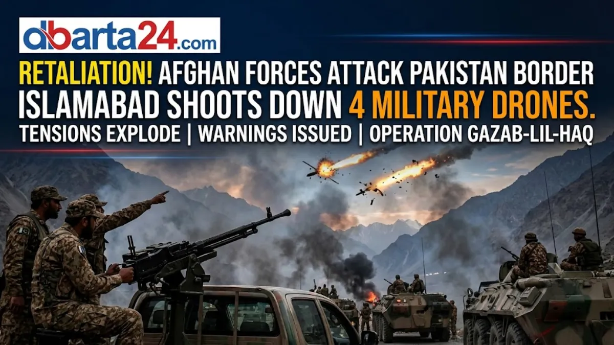 A high-contrast news thumbnail with the dbarta24 logo, depicting military operations and armored vehicles deployed in a rugged mountain terrain under a smoke-filled sky, highlighting the Pakistan-Afghanistan border clash.