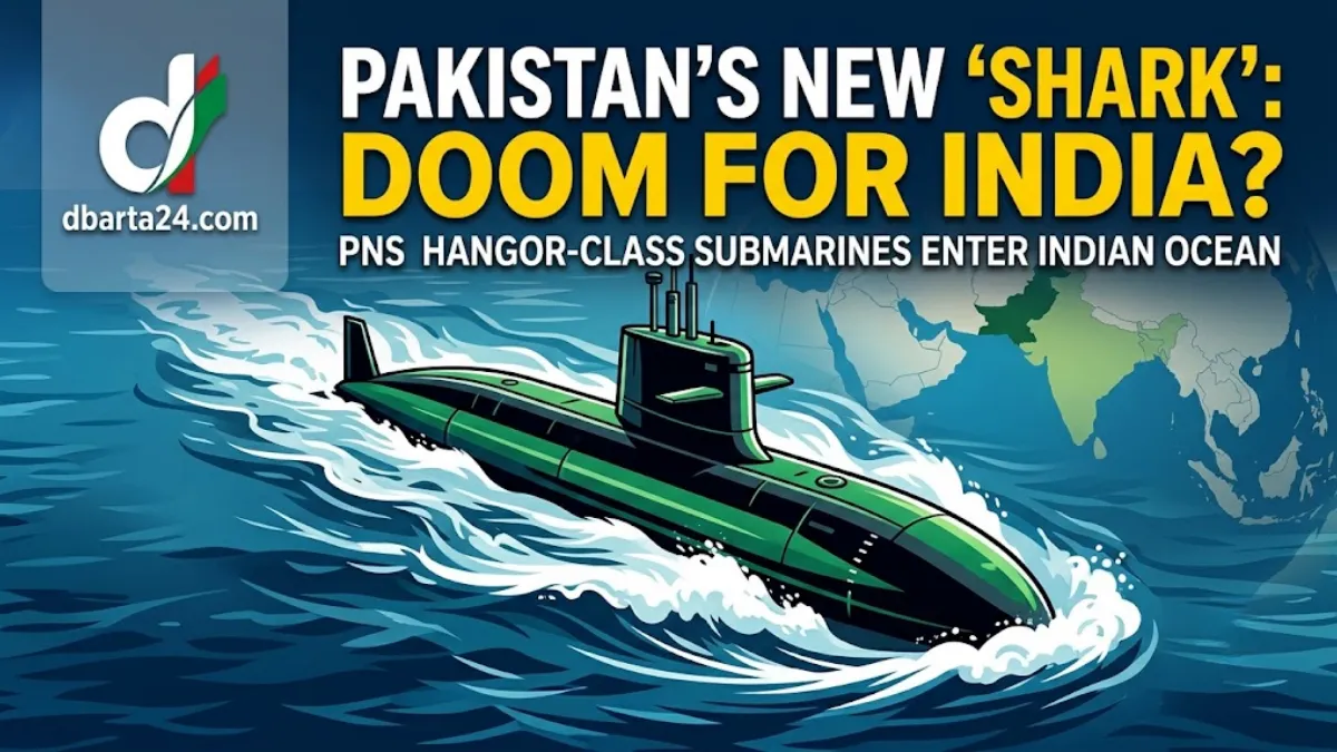 The newly inducted Pakistani attack submarine PNS Hangor docked at port, showcasing its teardrop-shaped stealth hull.