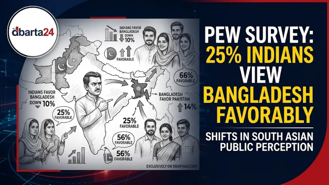 Infographic showing Pew Research Center survey data on public perceptions across Bangladesh, India, Pakistan, and Sri Lanka