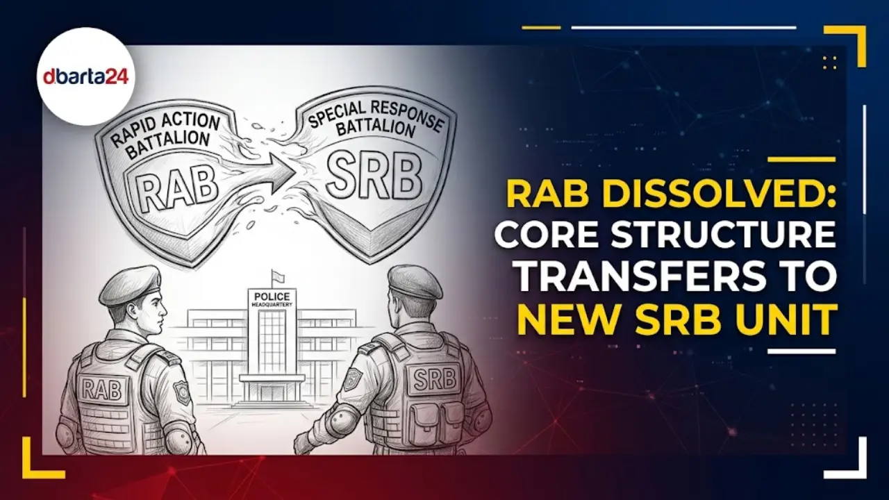 Official seal and organizational transition diagram from Rapid Action Battalion to Special Response Battalion under Bangladesh Police