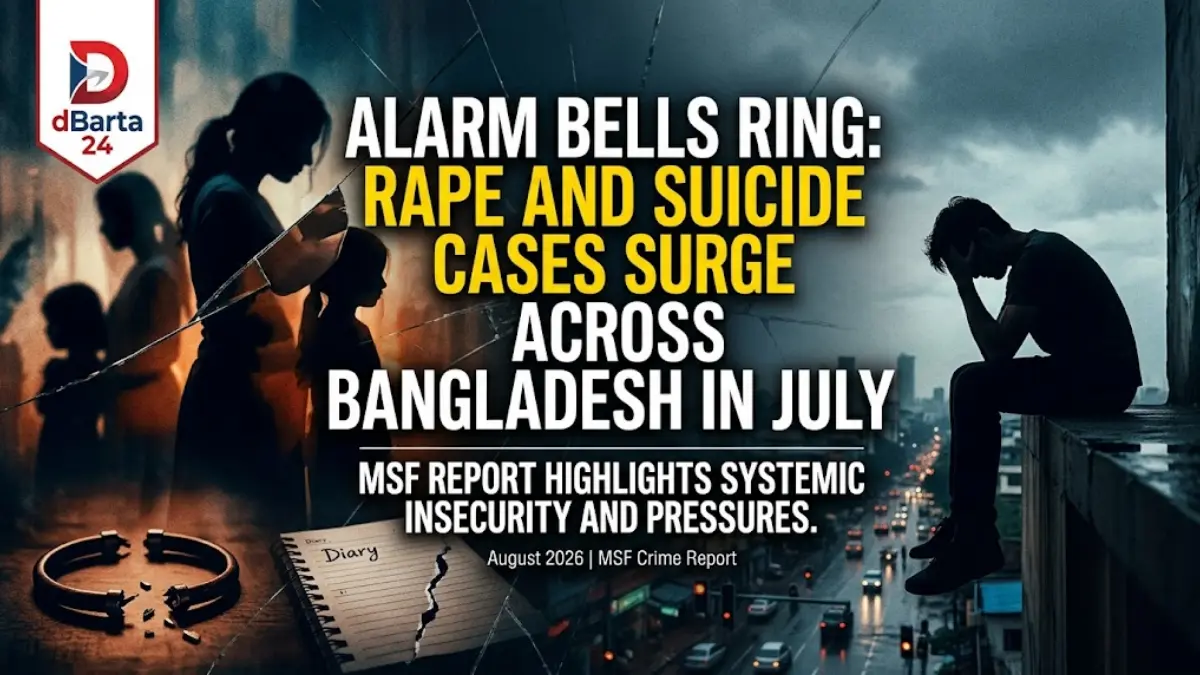 Graph and symbolic image illustrating human rights and crime trends in Bangladesh for July 2026