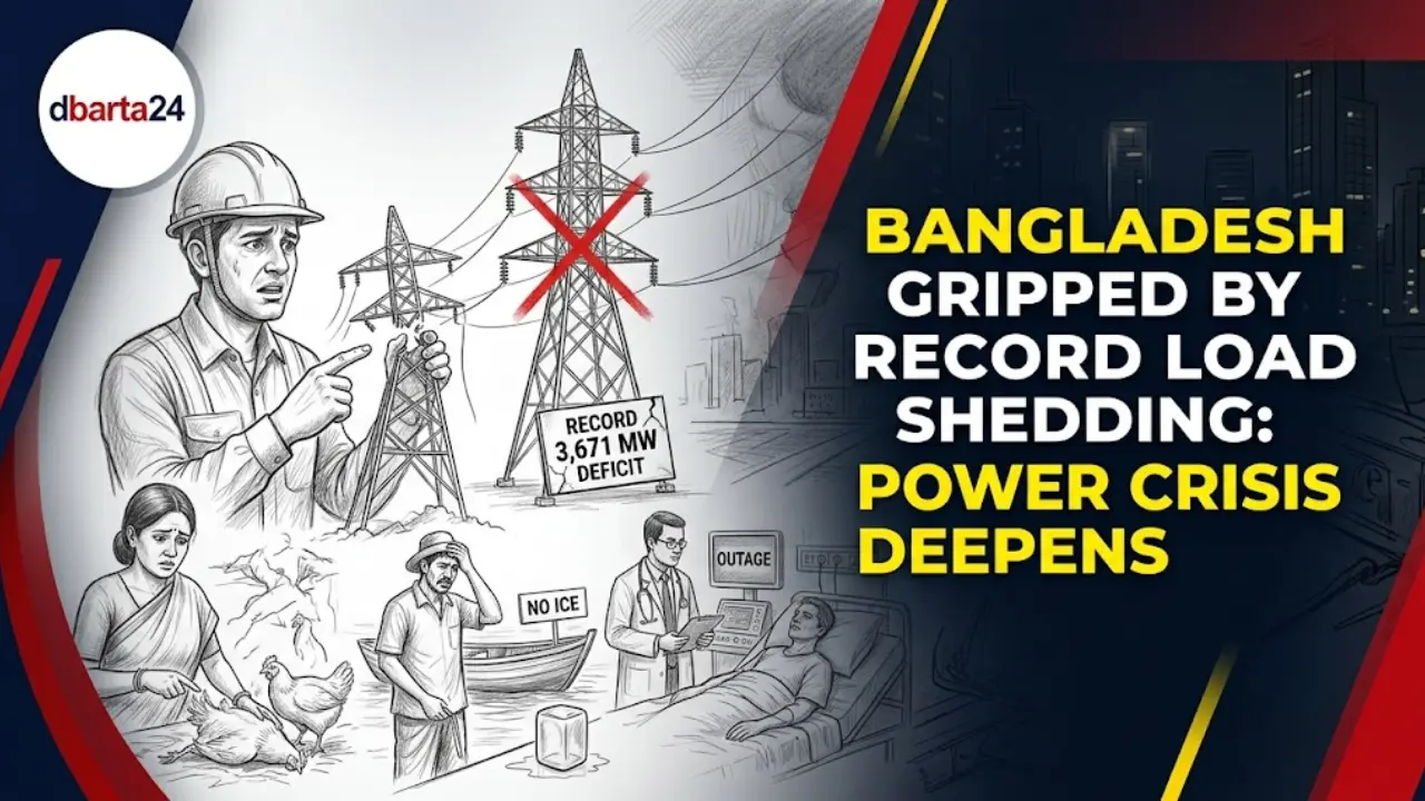 Transmission lines and electric poles against the sky representing Bangladesh's growing power crisis and record load shedding.