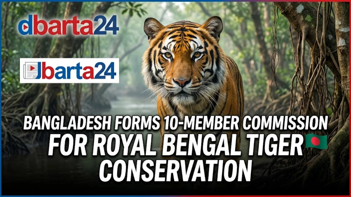 A Royal Bengal Tiger roaming in the dense mangrove forest of the Sundarbans, Bangladesh.