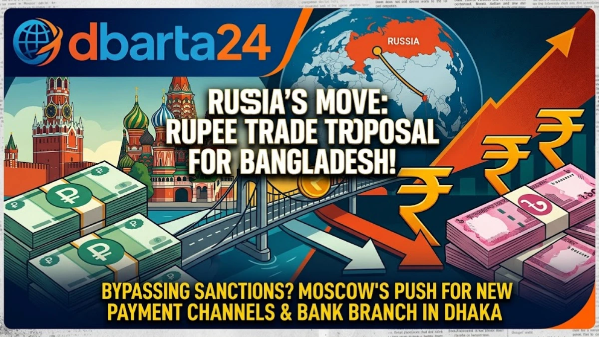 Bangladesh and Russia national flags alongside Indian Rupee and US Dollar currency symbols representing bilateral trade options.