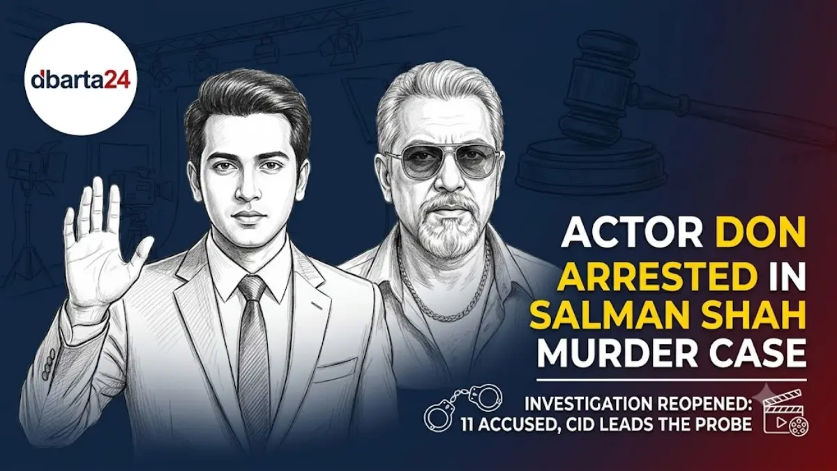 Police and CID officers holding actor Don following his arrest in the Salman Shah murder case.