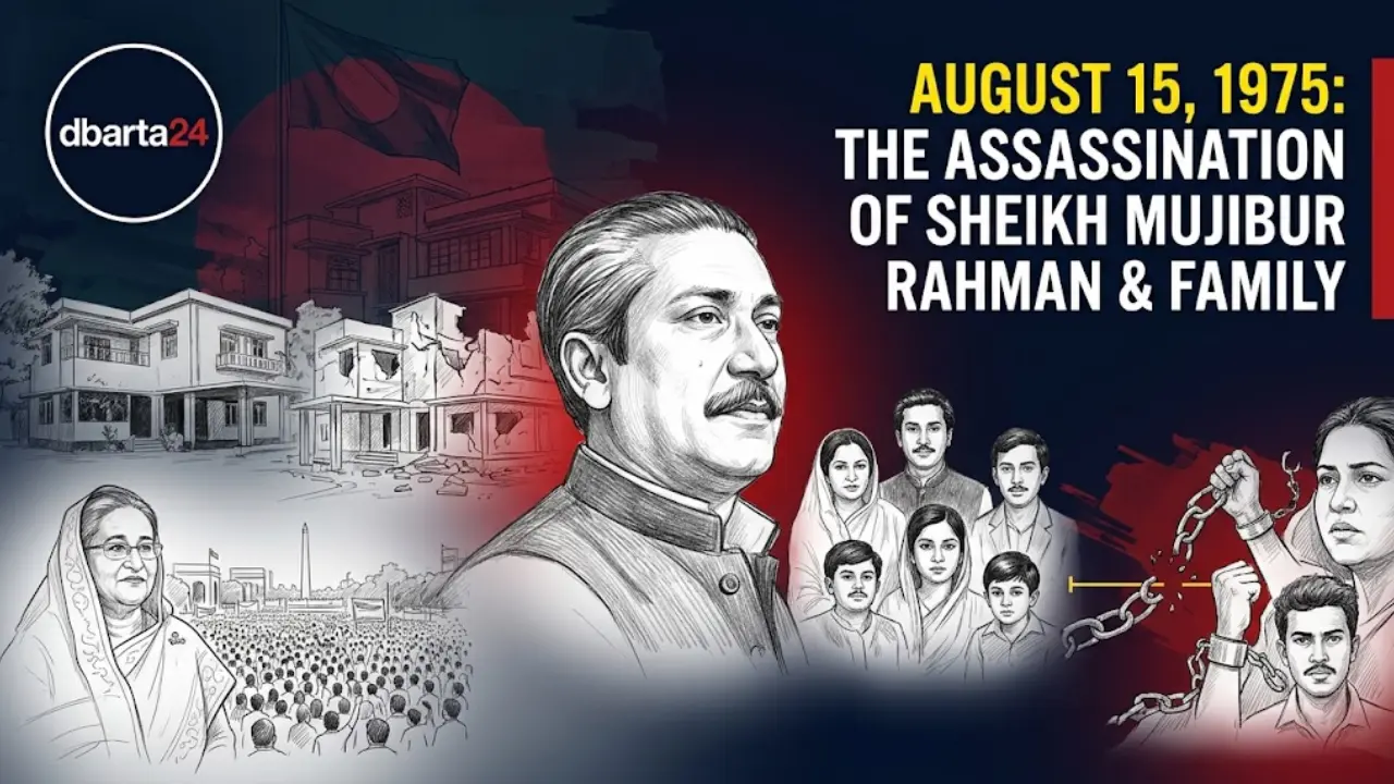 Historical portrait of Sheikh Mujibur Rahman delivering a speech