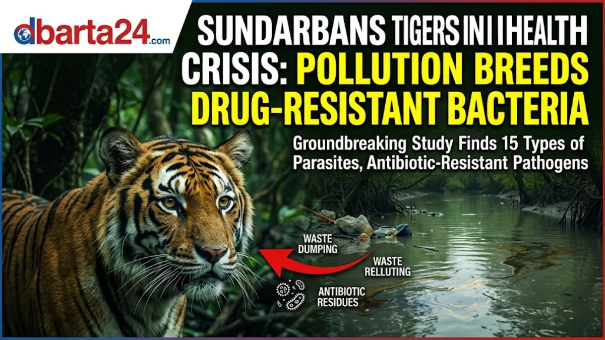 A Royal Bengal Tiger walking through the muddy banks of the Sundarbans mangrove forest.