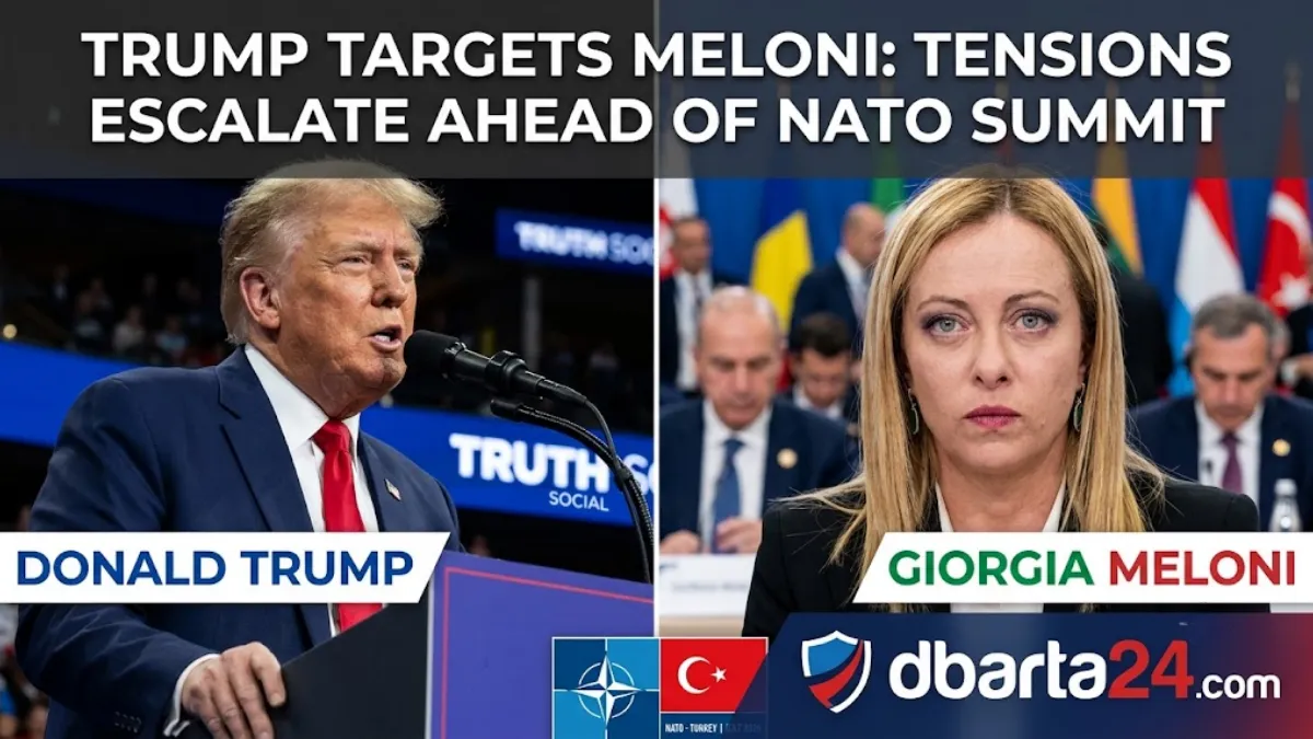 US President Donald Trump and Italian Prime Minister Giorgia Meloni captured at a diplomatic event amid rising political friction.