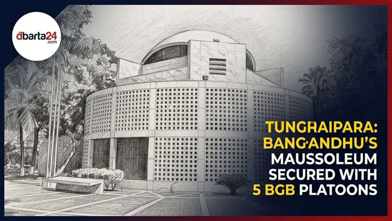 Security forces maintaining vigilance near Bangabandhu's mausoleum in Tungipara, Gopalganj ahead of August 15.