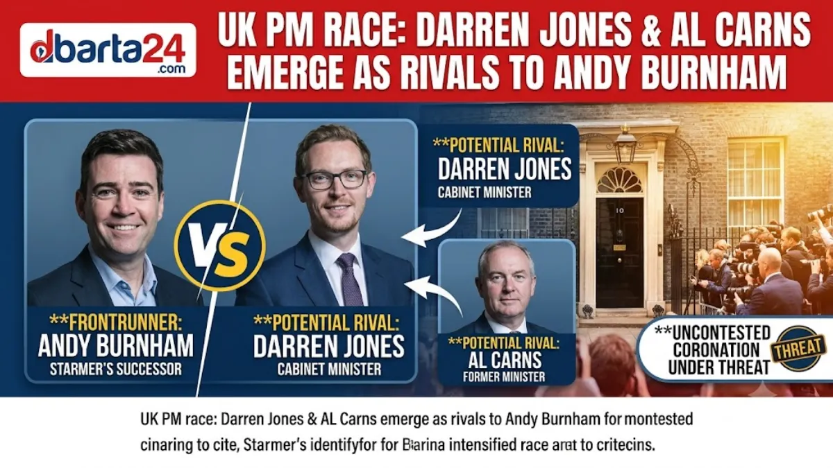 Split thumbnail showing potential UK Prime Minister candidates Andy Burnham, Darren Jones, and Al Carns alongside the dbarta24 logo.