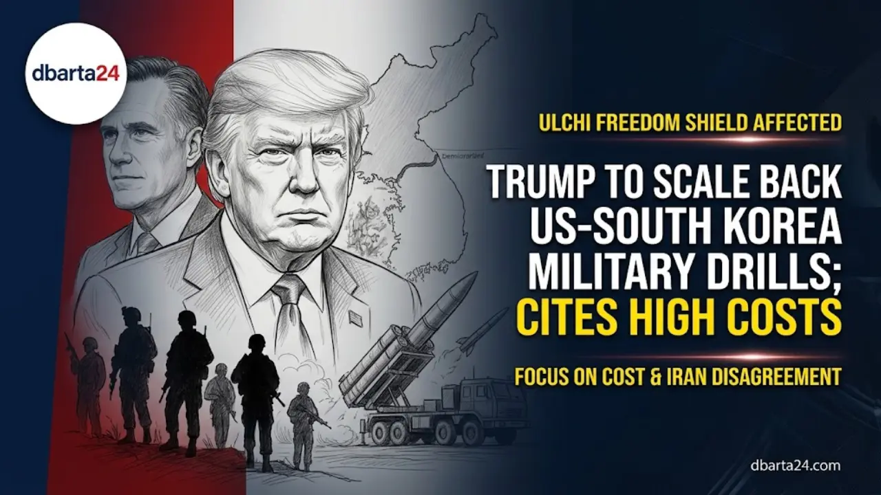 US President Donald Trump and South Korean military exercises banner representation